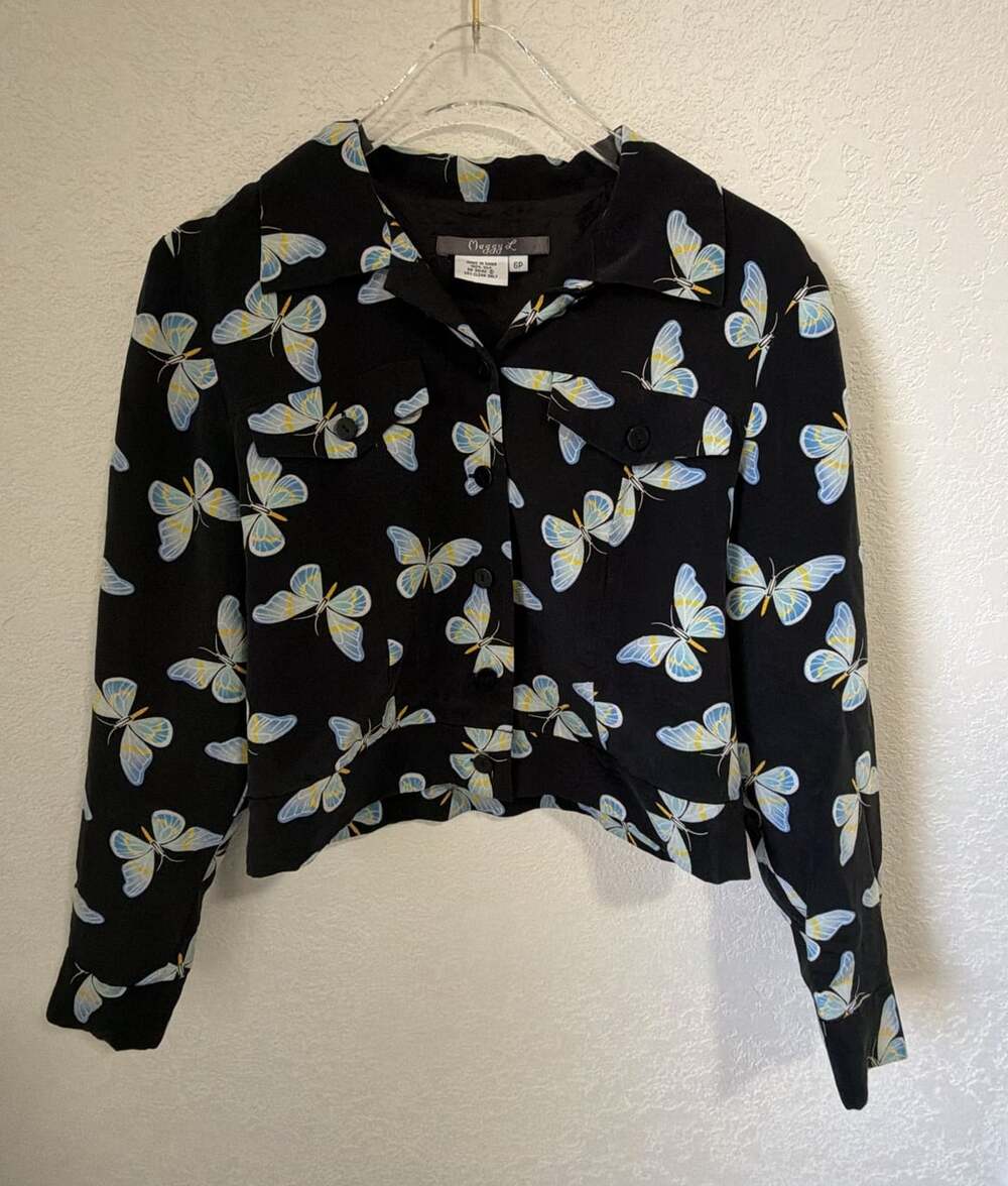 Maggy L Silk Button-Up Shirt Size 6P Black Butterfly Print Top